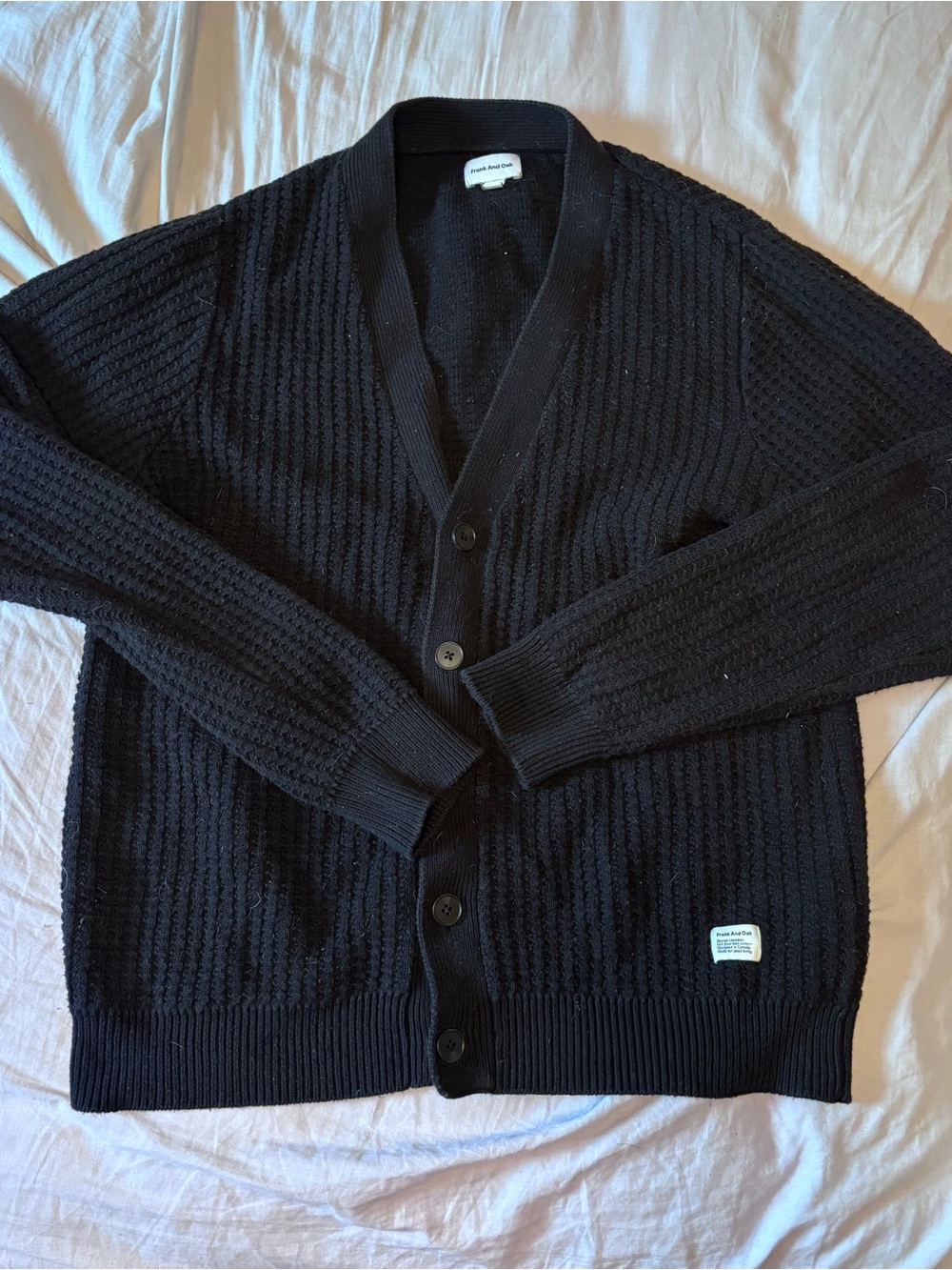 Frank & Oak Black Textured 100% Cotton Button-Front Cardigan